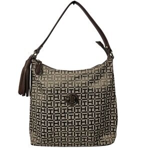 Tommy Hilfiger Hobo Bag Shoulder Purse Monogram Brown Tassel Logo Canvas Medium‎